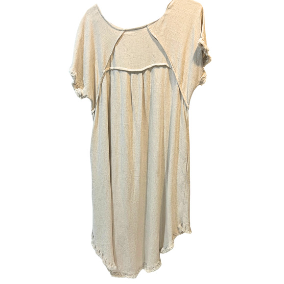 Umgee Womens Small Beige Short Sleeve Linen Cotton Fringe Trim Hi Low Dress - Picture 2 of 8